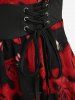 Rose Flower Print Jacquard Lace Up Heart Buttons Blouse and Flare Pants Plus Size Outfit -  