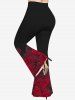 Rose Flower Print Jacquard Lace Up Heart Buttons Blouse and Flare Pants Plus Size Outfit -  