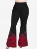 Rose Flower Print Jacquard Lace Up Heart Buttons Blouse and Flare Pants Plus Size Outfit -  