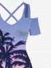 Coconut Tree Boat Ombre Colorblock Print Plus Size Matching Hawaii Beach Outfit For Couples -  