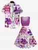Plus Size Colorful Coconut Tree Floral Colorblock Striped Print Hawaii Vintage Swing A Line Dress -  
