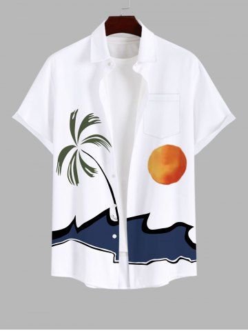 Plus Size Coconut Tree Sea Sun Colorblock Print Buttons Pocket Hawaii Shirt For Men