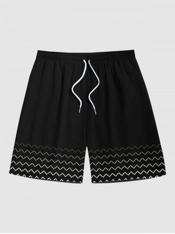 Plus Size Zig Zag Print Hawaii Drawstring Beach Shorts For Men - BLACK - 4XL