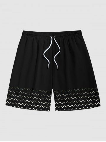 Plus Size Zig Zag Print Hawaii Drawstring Beach Shorts For Men - BLACK - 6XL