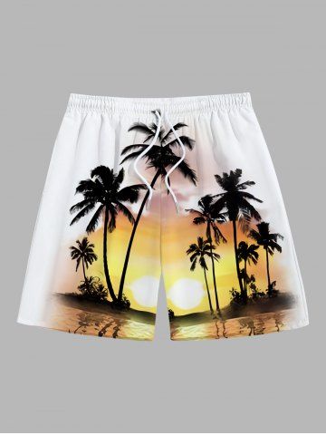 Plus Size Coconut Tree Dusk Sun Sea Print Hawaii Drawstring Beach Shorts For Men - WHITE - M