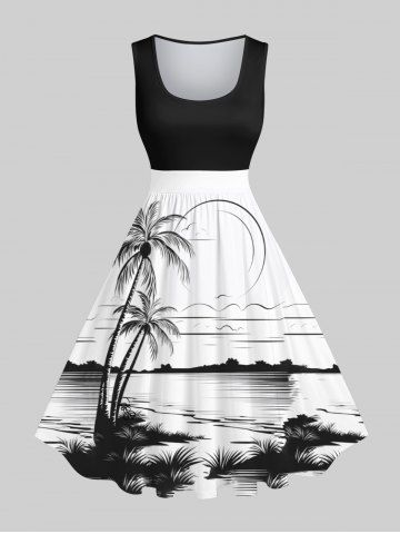 Plus Size Coconut Tree Sea Moon Print Hawaii Vintage Swing A Line Dress - BLACK - M