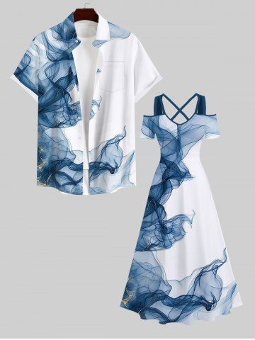 Chiffon Mesh 3D Print Plus Size Matching Hawaii Beach Outfit For Couples - MULTI-A