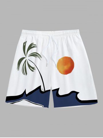 Plus Size Coconut Tree Sun Sea Colorblock Print Hawaii Beach Shorts For Men - WHITE - L