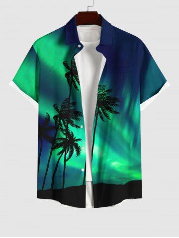 Plus Size Coconut Tree Colorblock Glitter Light Beam 3D Print Buttons Pocket Hawaii Shirt For Men - MULTI-A - M