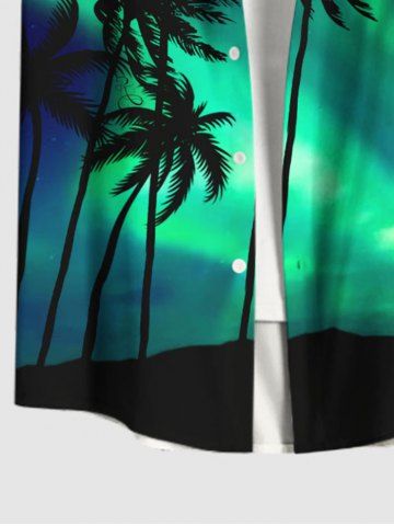 Plus Size Coconut Tree Colorblock Glitter Light Beam 3D Print Buttons Pocket Hawaii Shirt For Men
