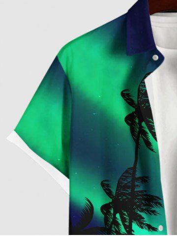 Plus Size Coconut Tree Colorblock Glitter Light Beam 3D Print Buttons Pocket Hawaii Shirt For Men