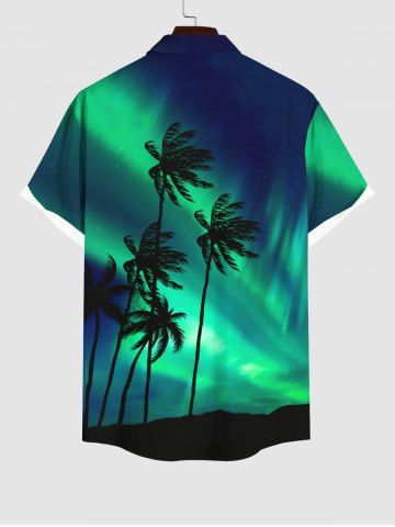 Plus Size Coconut Tree Colorblock Glitter Light Beam 3D Print Buttons Pocket Hawaii Shirt For Men