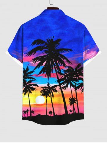 Plus Size Coconut Tree Sunset Ombre Sky Colorblock Print Buttons Pocket Hawaii Shirt For Men