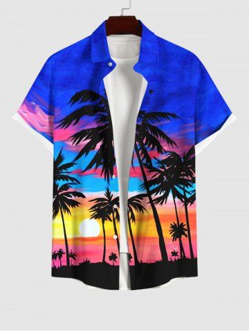 Plus Size Coconut Tree Sunset Ombre Sky Colorblock Print Buttons Pocket Hawaii Shirt For Men