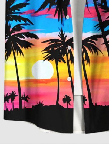 Plus Size Coconut Tree Sunset Ombre Sky Colorblock Print Buttons Pocket Hawaii Shirt For Men