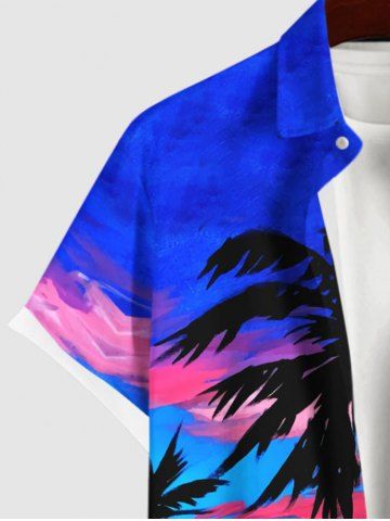 Plus Size Coconut Tree Sunset Ombre Sky Colorblock Print Buttons Pocket Hawaii Shirt For Men