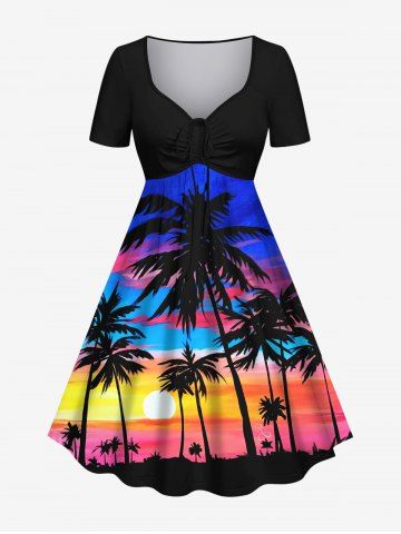 Plus Size Coconut Tree Sunset Ombre Sky Colorblock Print Cinched Hawaii Dress - MULTI-A - S