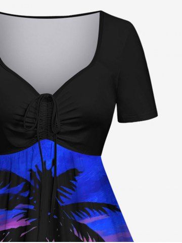 Plus Size Coconut Tree Sunset Ombre Sky Colorblock Print Cinched Hawaii Dress