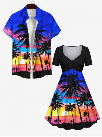 Plus Size Coconut Tree Sunset Ombre Sky Colorblock Print Cinched Hawaii Dress