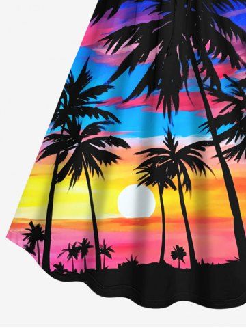 Plus Size Coconut Tree Sunset Ombre Sky Colorblock Print Cinched Hawaii Dress