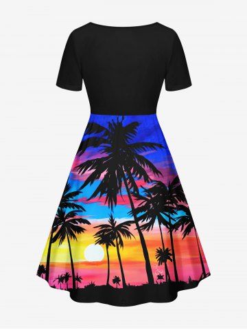 Plus Size Coconut Tree Sunset Ombre Sky Colorblock Print Cinched Hawaii Dress
