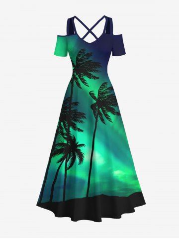 Plus Size Coconut Tree Colorblock Glitter Light Beam 3D Print Cold Shoulder Crisscross Hawaii Maxi Dress - BLACK - XS