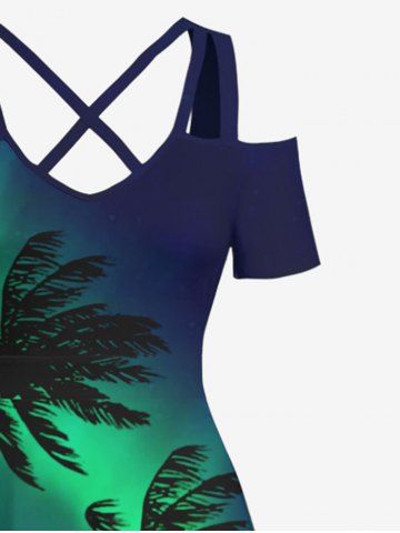 Plus Size Coconut Tree Colorblock Glitter Light Beam 3D Print Cold Shoulder Crisscross Hawaii Maxi Dress