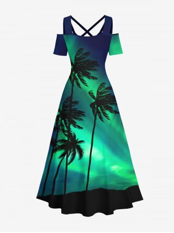 Plus Size Coconut Tree Colorblock Glitter Light Beam 3D Print Cold Shoulder Crisscross Hawaii Maxi Dress