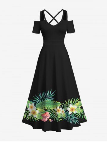 Plus Size Tropical Leaf Hibiscus Flowers Print Cold Shoulder Crisscross Hawaii Maxi Dress - BLACK - XS