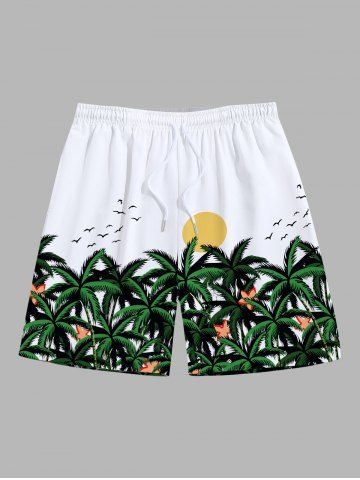 Plus Size Tropical Coconut Tree Flowers Sun Bird Print Pocket Hawaii Beach Shorts