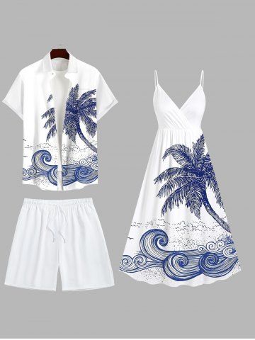 Coconut Tree Sea Waves Print Plus Size Matching Hawaii Beach Outfit For Couples - WHITE