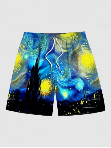 Plus Size Painting Spiral Galaxy Castle City Print Hawaii Drawstring Beach Shorts For Men - MULTI-A - M