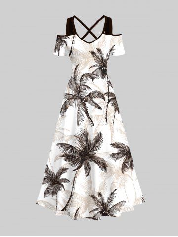Plus Size Coconut Tree Print Cold Shoulder Crisscross Hawaii Maxi Dress - MULTI-A - 1X