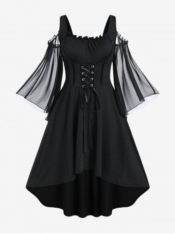 Robe Corset Haute Basse Epaule Dénudée à Manches Evasées de Grande Taille à Lacets à Volants - BLACK - 3X | US 22-24