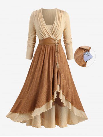 Robe Côtelée Jointive en Chanvre Grande Taille avec Poche à Cordon à Volants - APRICOT - 1X | US 14-16