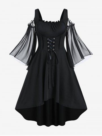 Plus Size Lace Up Cold Shoulder Flare Sleeves High Low Ruched Renaissance Corset Dress - BLACK - M | US 10