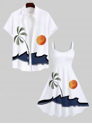 Coconut Tree Sea Sun Colorblock Print Plus Size Matching Hawaii Beach Outfit For Couples -  