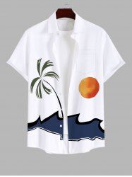 Plus Size Coconut Tree Sea Sun Colorblock Print Buttons Pocket Hawaii Shirt For Men -  
