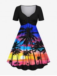 Plus Size Coconut Tree Sunset Ombre Sky Colorblock Print Cinched Hawaii Dress -  