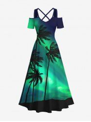 Plus Size Coconut Tree Colorblock Glitter Light Beam 3D Print Cold Shoulder Crisscross Hawaii Maxi Dress -  