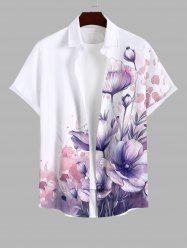Chemise Fleurs Feuilles Imprimées Aquarelle avec Poche de Grande Taille avec Boutons pour Homme - Blanc L
