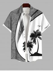Plus Size Coconut Tree Tropical Leaves Colorblock Print Hawaii Button Pocket Shirt For Men -  