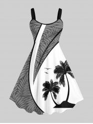 Robe à Bretelle Feuille Tropicale et Arbre Noix de Coco Imprimés Ligne A de Grande Taille - Multi-A XXS
