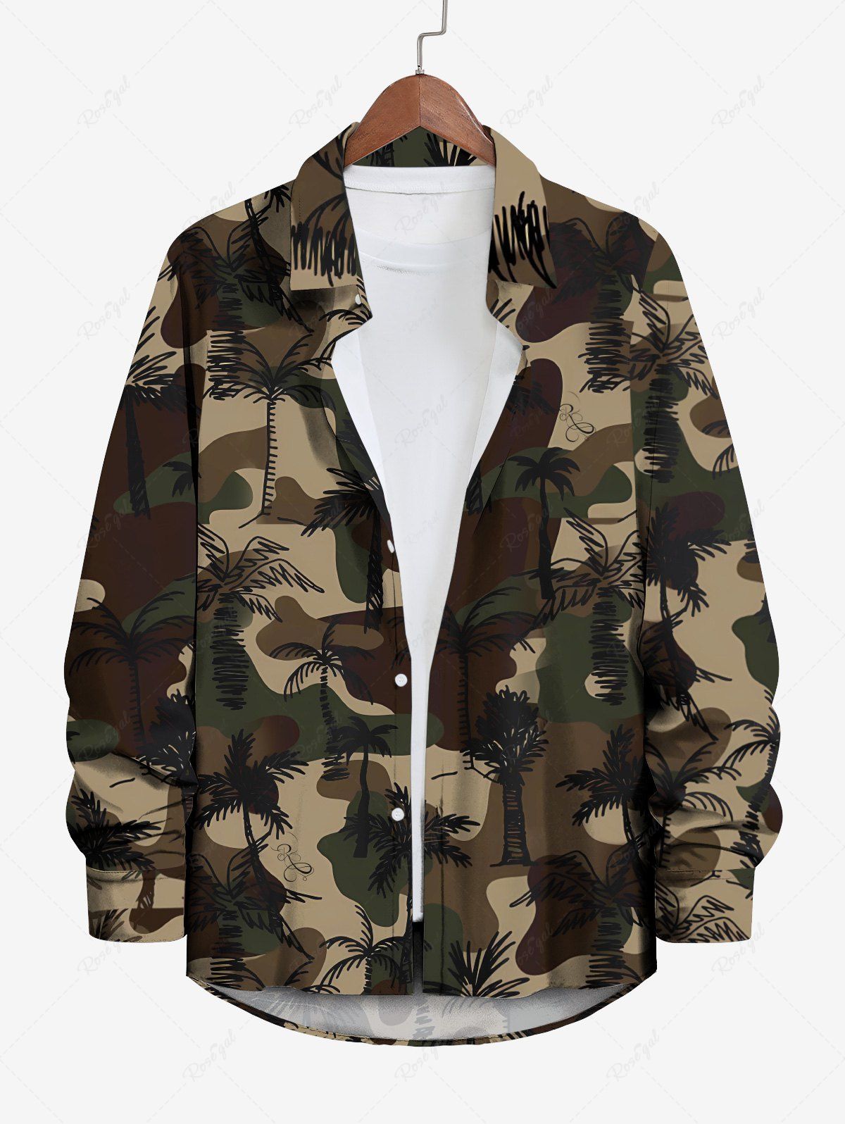 Outfits Plus Size Camouflage Coconut Tree Print Buttons Long Sleeve Hawaii Shirt For Men  