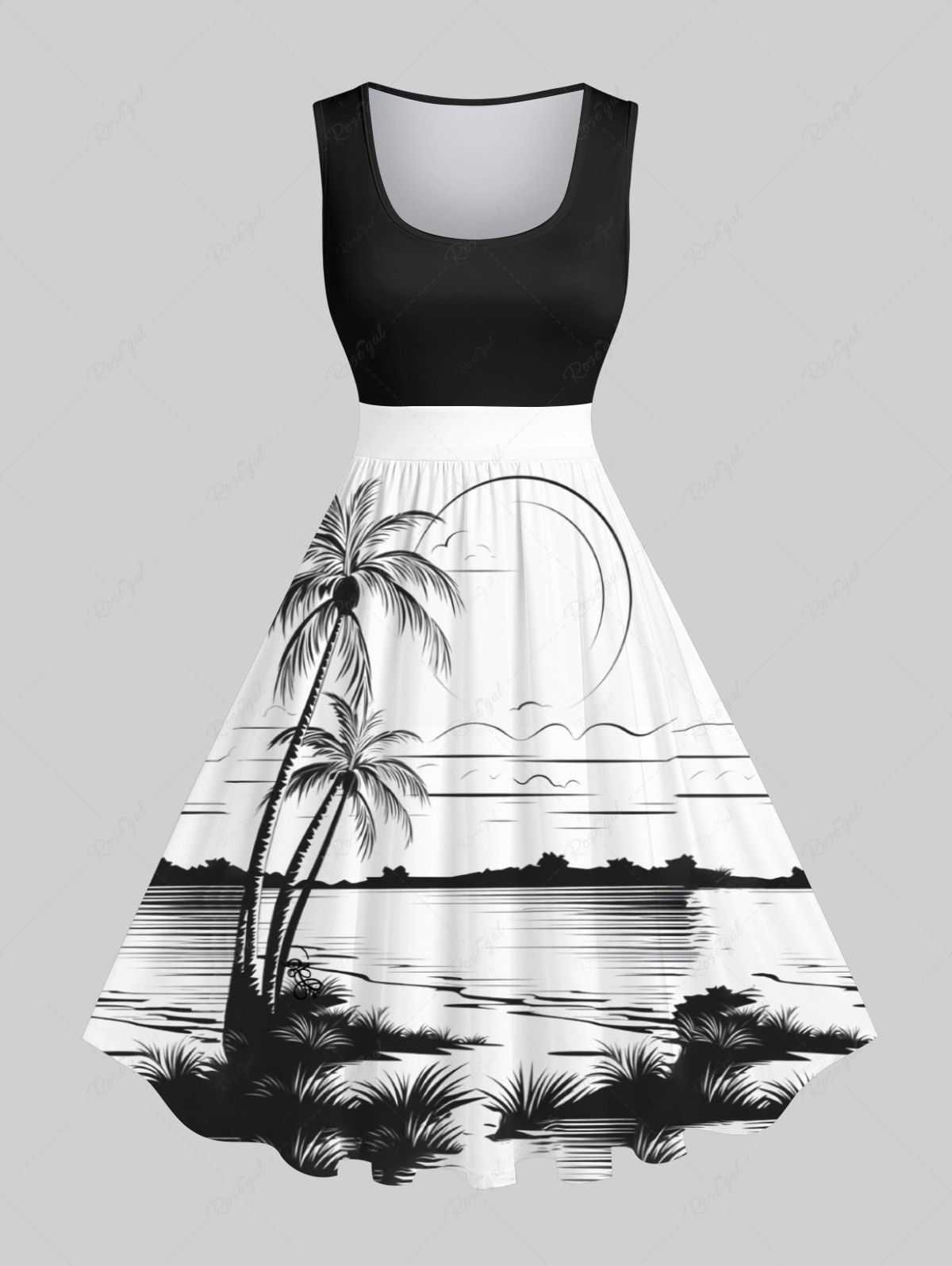 Online Plus Size Coconut Tree Sea Moon Print Hawaii Vintage Swing A Line Dress  