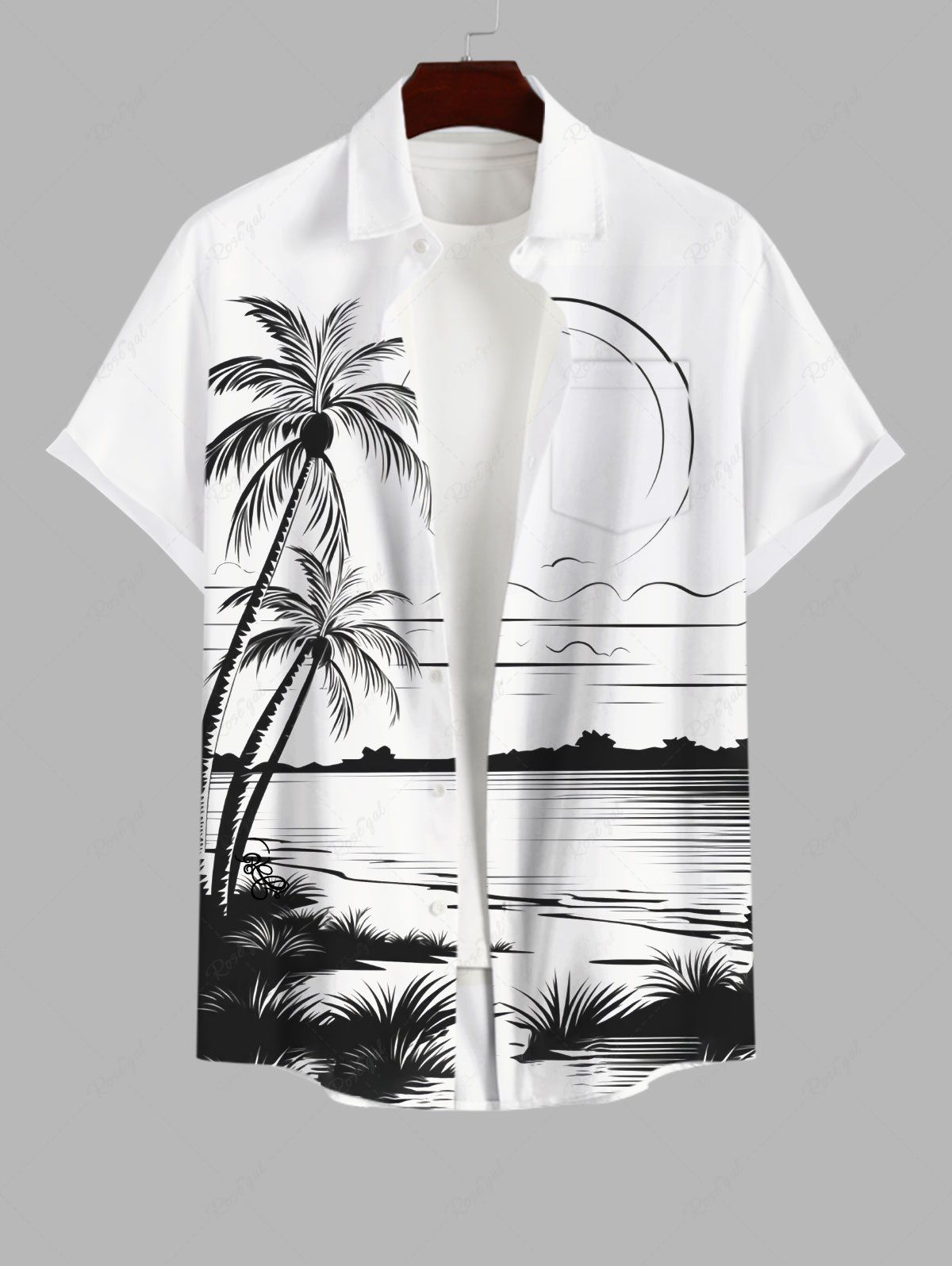 Chemise Imprimé Cocotier et Lune Grande Taille avec Poche à Boutons pour Homme Blanc XL