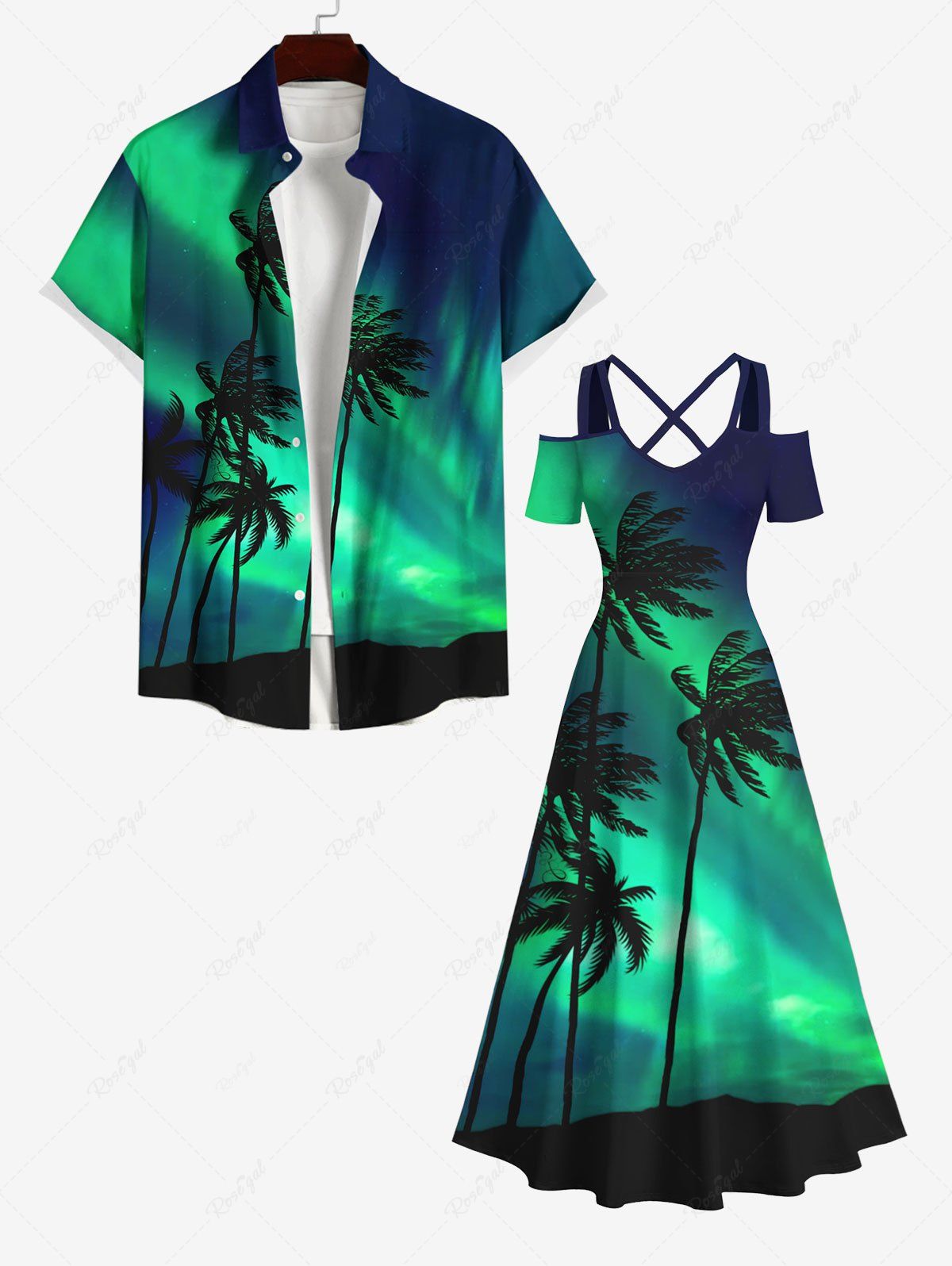 Chic Coconut Tree Colorblock Glitter Light Beam 3D Print Plus Size Matching Hawaii Beach Outfit For Couples  