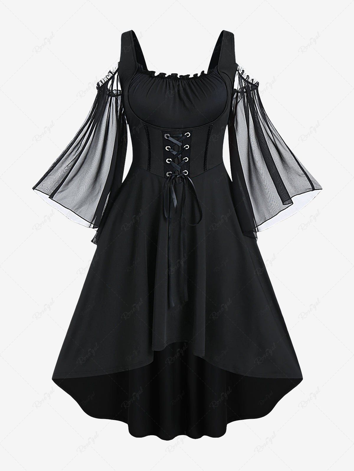 Store Plus Size Lace Up Cold Shoulder Flare Sleeves High Low Ruched Renaissance Corset Dress  