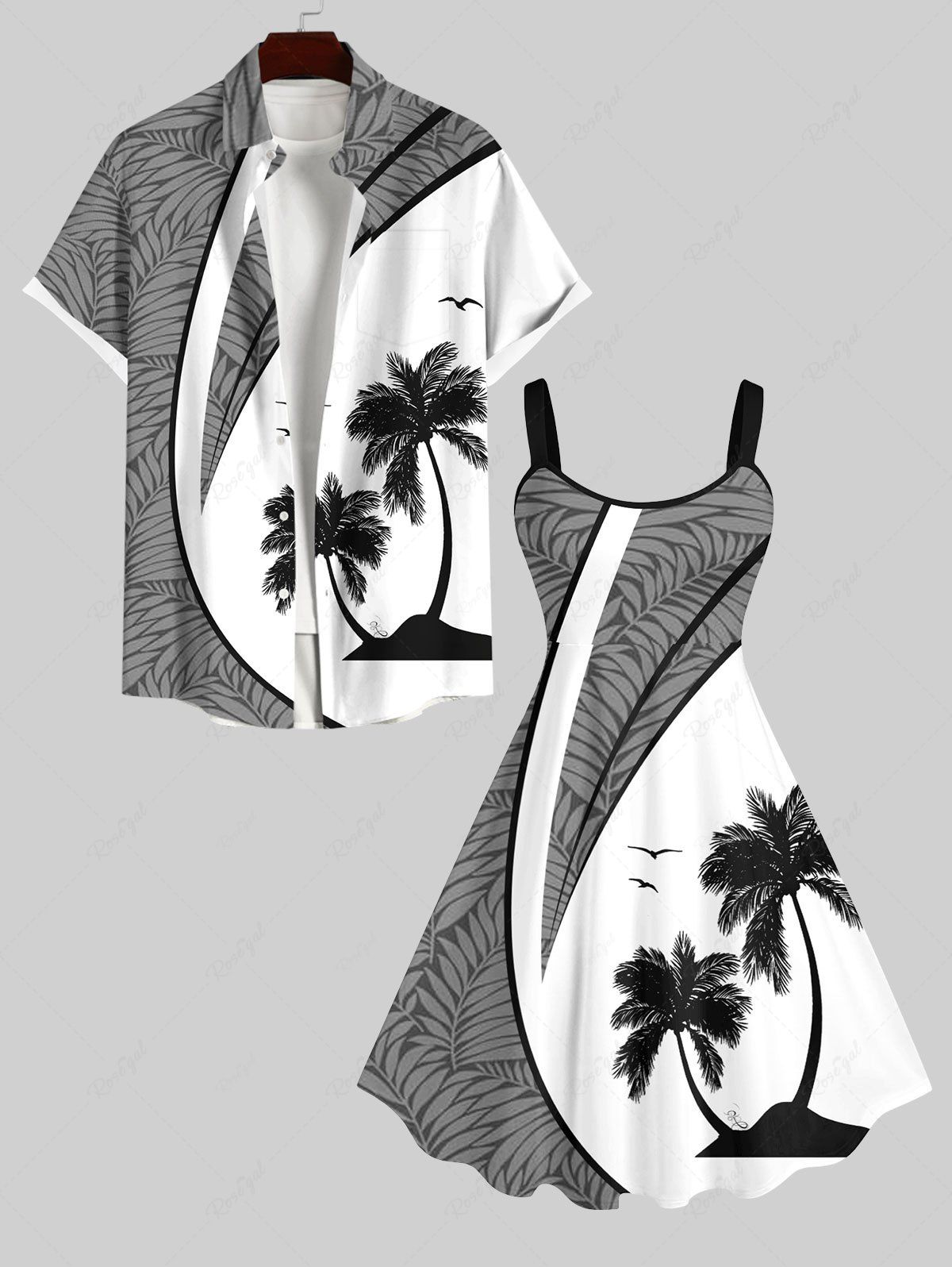 Shop Coconut Tree Tropical Leaves Colorblock Print Plus Size Matching Hawaii Beach Outfit For Couples  