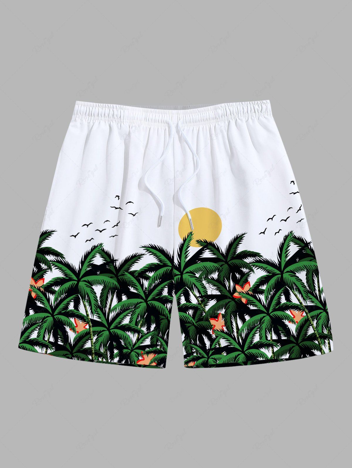 Hot Plus Size Tropical Coconut Tree Flowers Sun Bird Print Pocket Hawaii Beach Shorts  